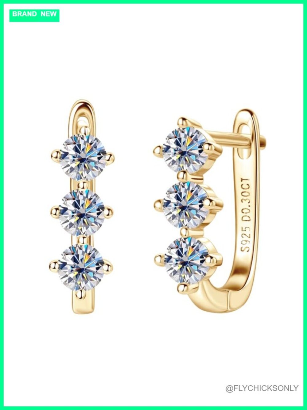 14K Gold Over S925 Sterling Silver Diamond Hoop Earrings Unisex Gift